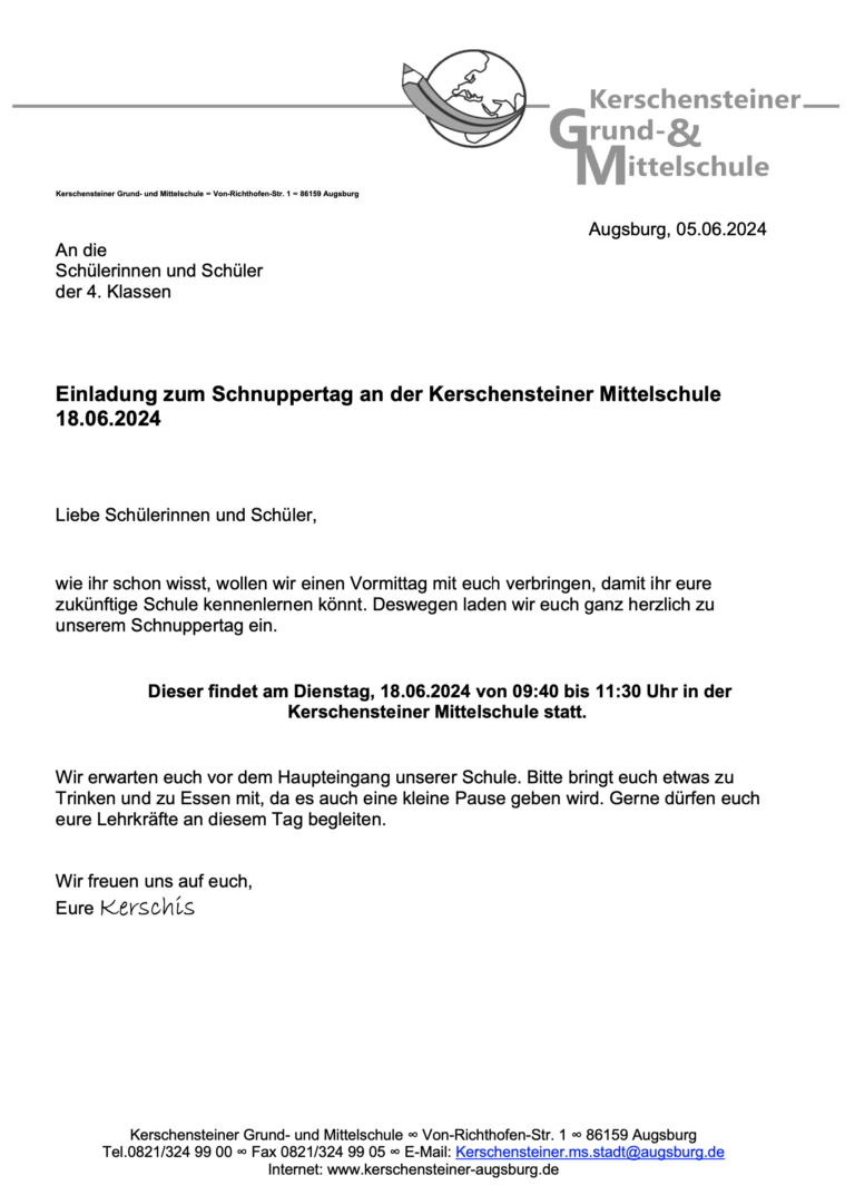 Einladung zum Schnuppertag an der Kerschensteiner Mittelschule 18.06.2024